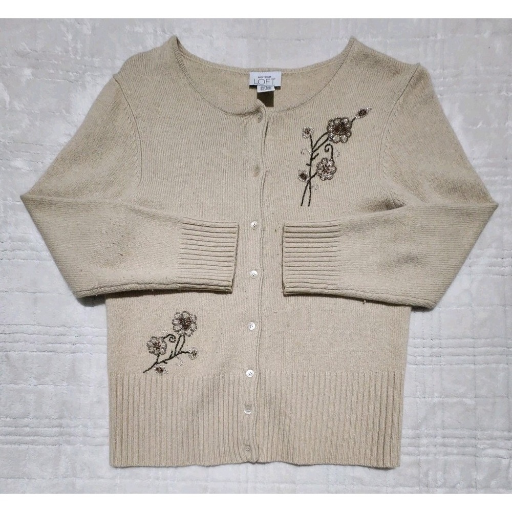 Ann Taylor LOFT Wool Angora Rabbit Hair Cashmere Blend Cardigan‎ Sweater Tan Med